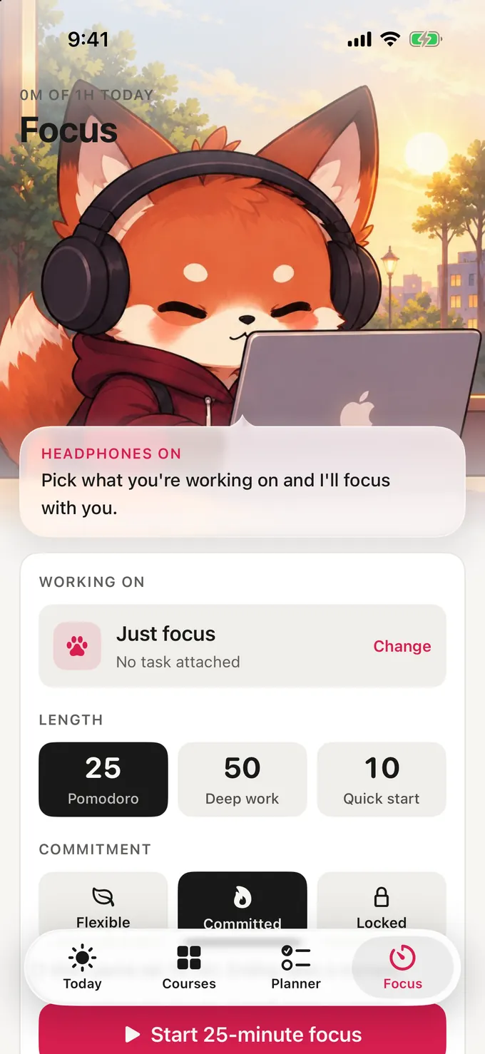 Ruby's Focus screen with timer lengths and commitment levels