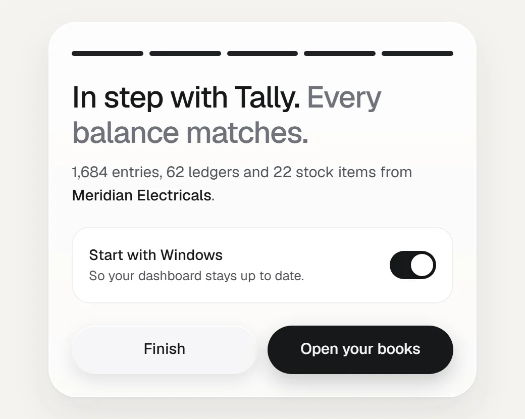 The finished set-up screen: in step with Tally, every balance matches.
