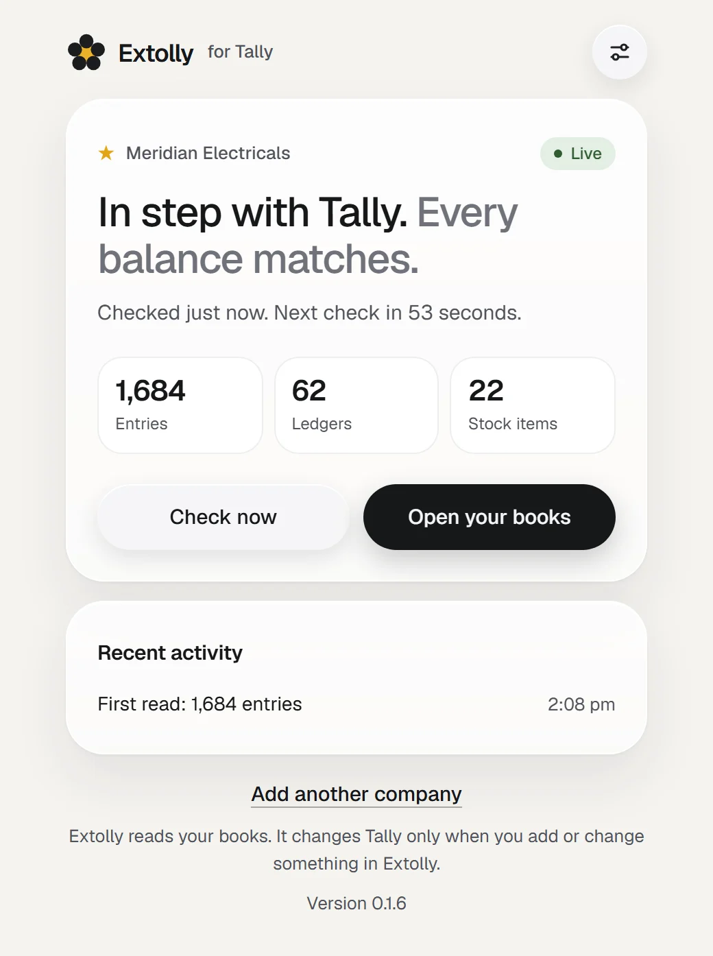 The connection screen: In step with Tally, the counts of entries, ledgers and stock items, and recent activity