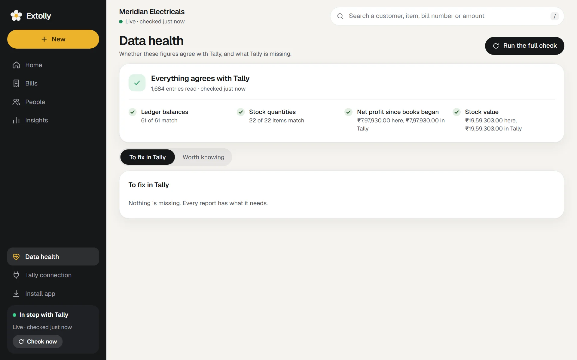 Data health: the four checks against Tally, then what to fix and what is worth knowing