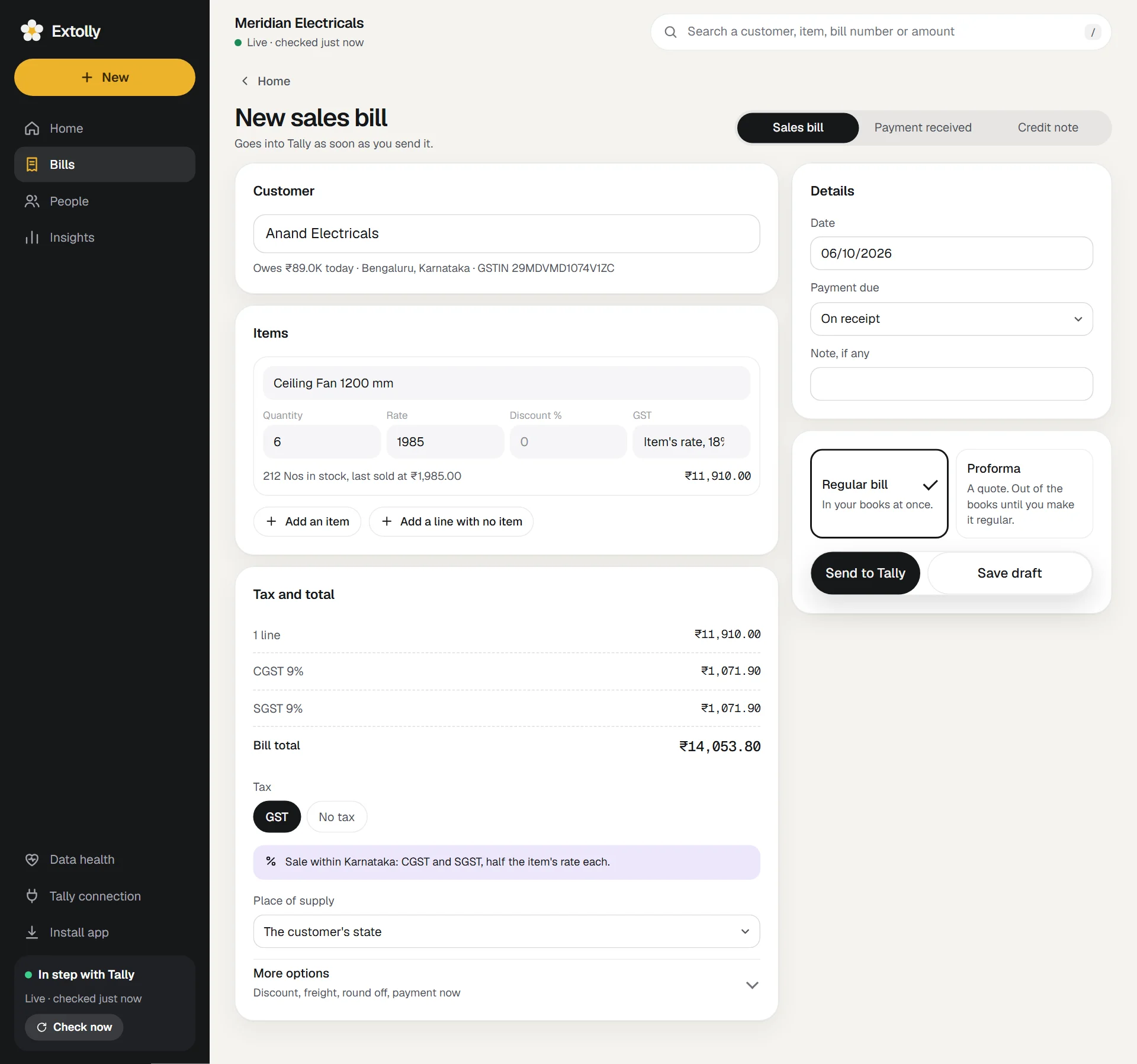A sales bill being written: customer, items, tax and total on the left, details and Send to Tally on the right