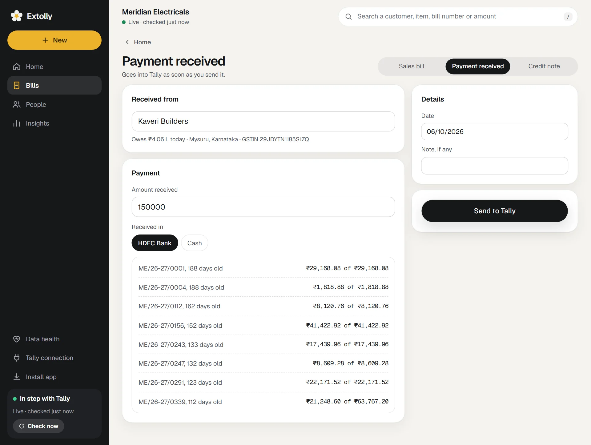 Recording a payment: the customer, the amount, where it was received, and which invoices it settles