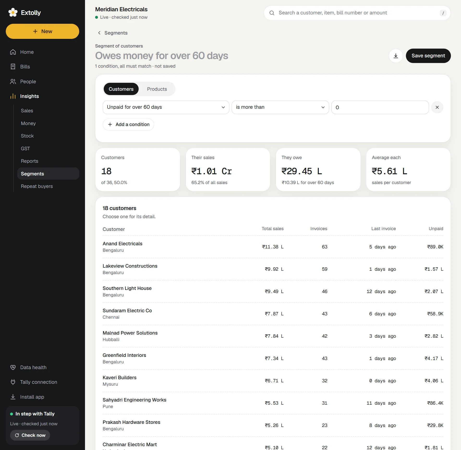 A segment open: its conditions, four figures, and the customers that match