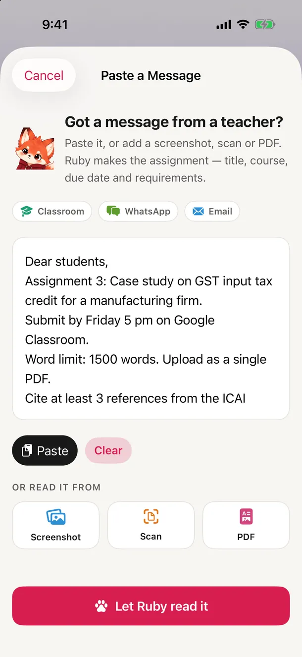 A teacher's message pasted into Ruby