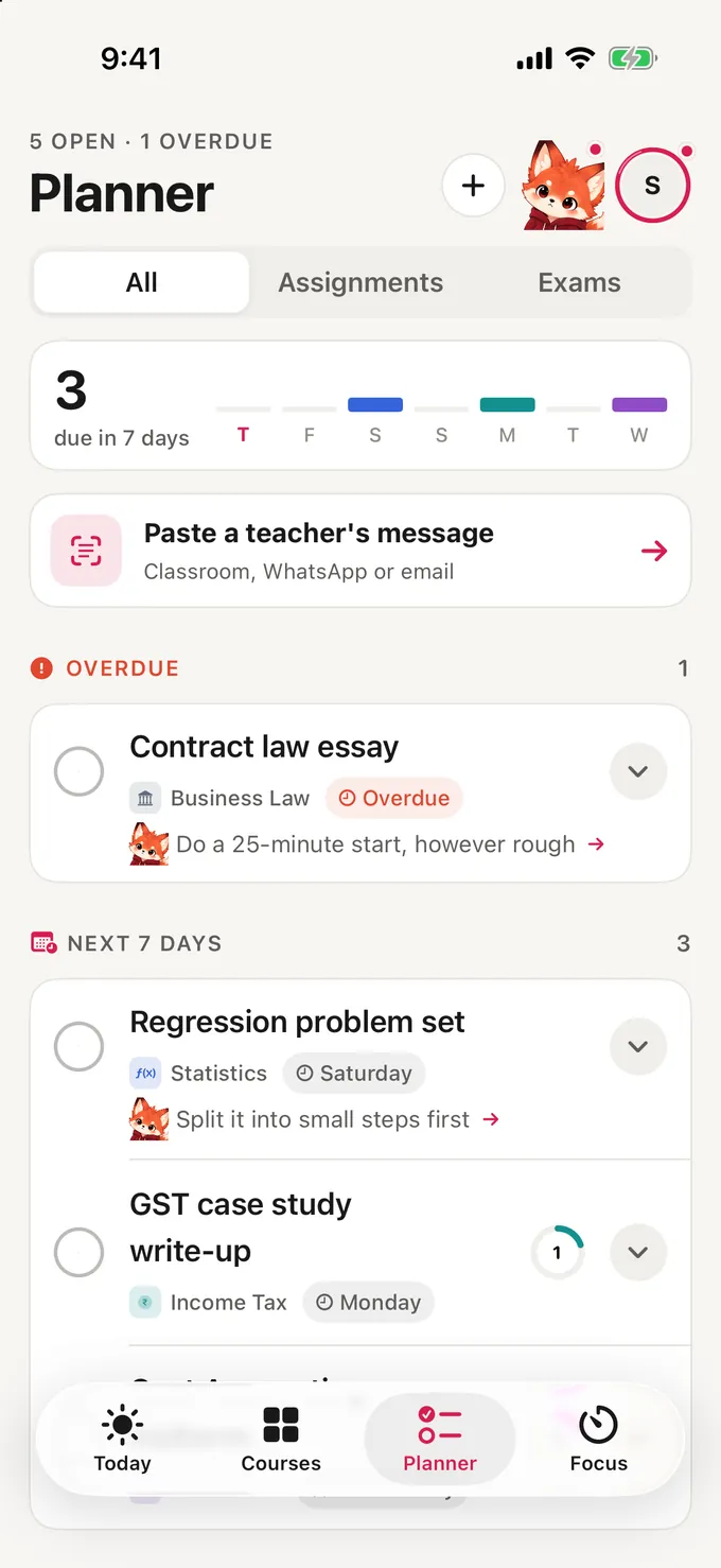 Ruby's Planner with overdue work and the next seven days