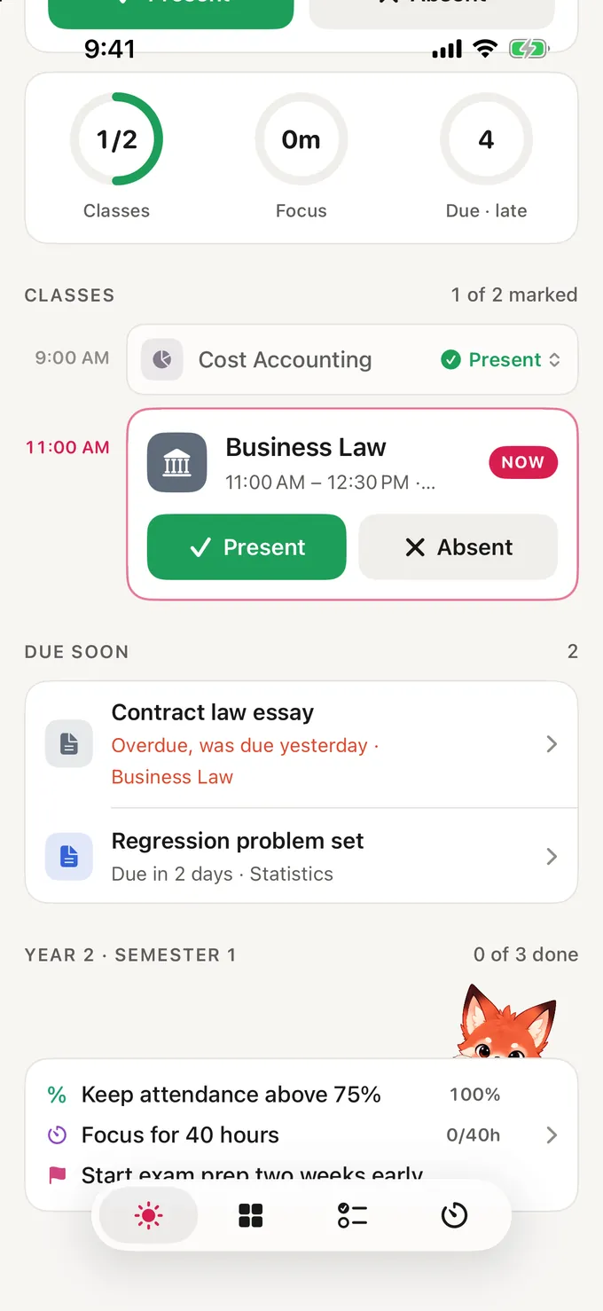 Ruby's Today screen scrolled to classes and progress
