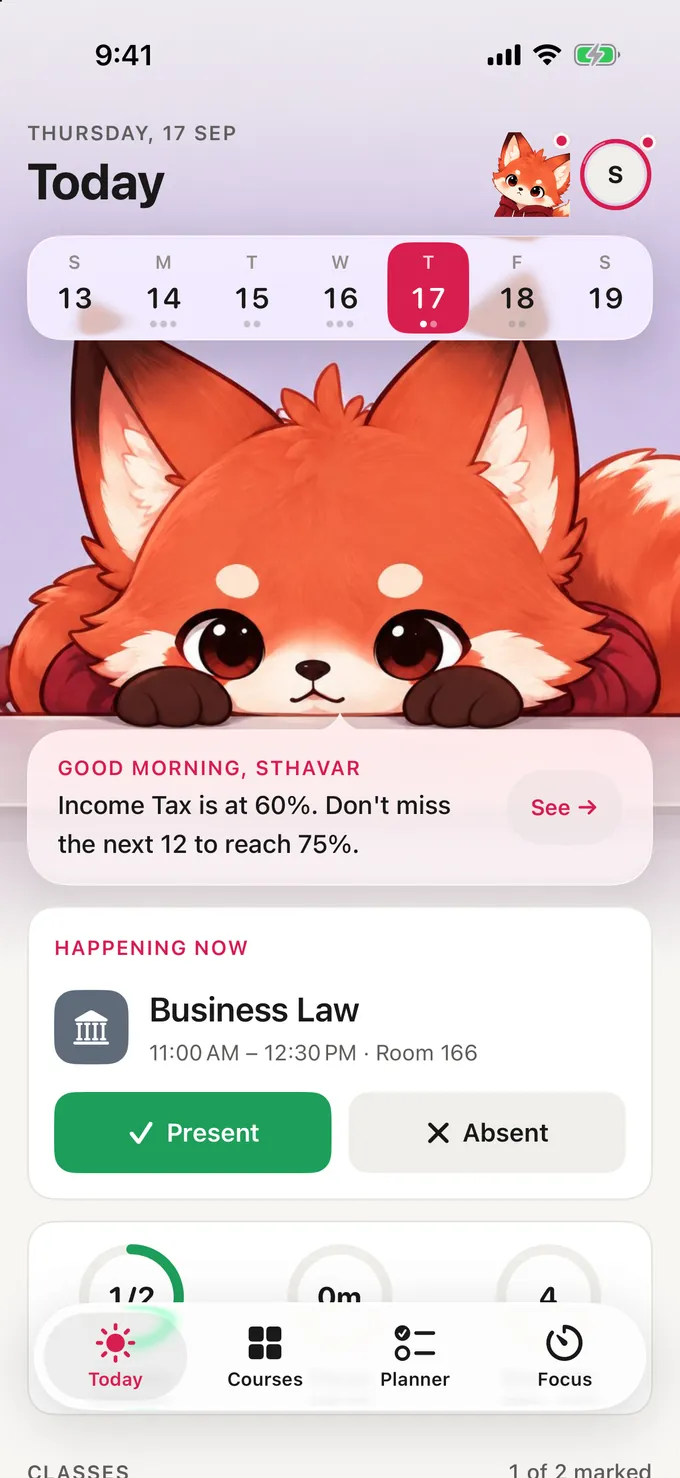 Ruby's Today screen with the week, a class happening now and daily progress
